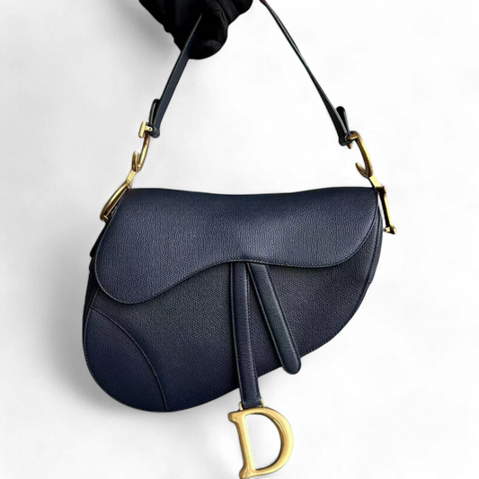 Dior Saddle Medium Grained Calfskin Dark Blue Golden Hardware