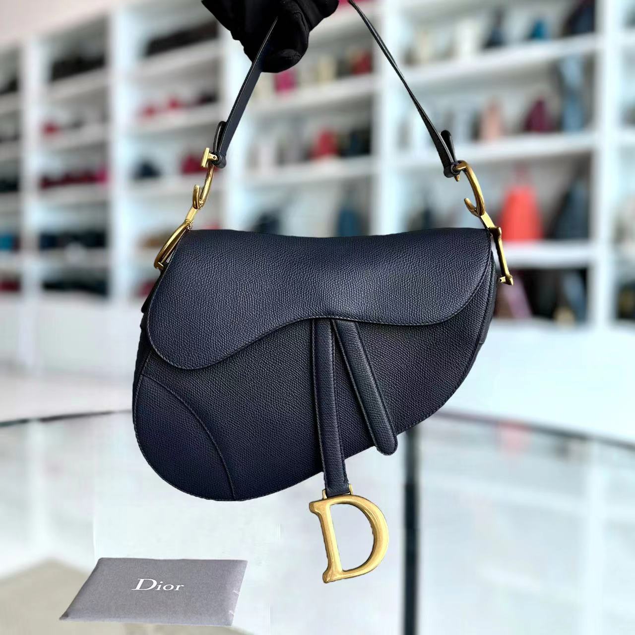 Dior Saddle Medium Grained Calfskin Dark Blue Golden Hardware