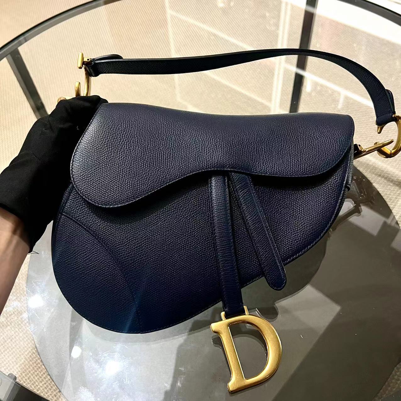 Dior Saddle Medium Grained Calfskin Dark Blue Golden Hardware