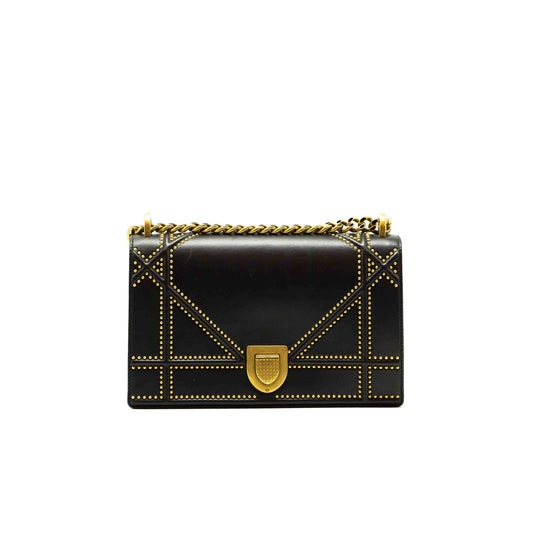 Dior Black Leather Medium Studded Diorama Shoulder Bag