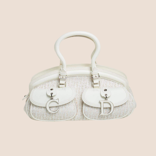 CHRISTIAN DIOR 2005 WHITE OBLIQUE CANVAS & LEATHER DETECTIVE BAG