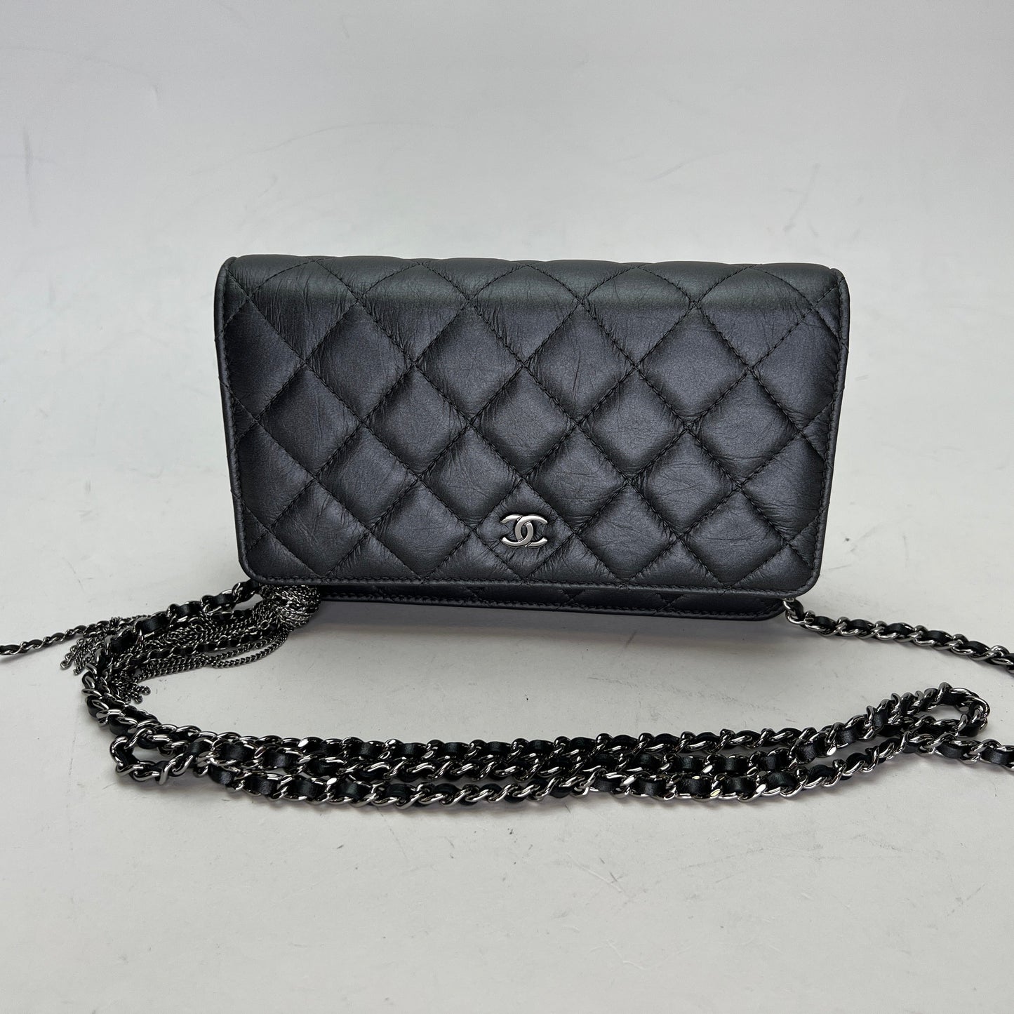 Classic Grey Wallet on Chain in Calfskin, Gunmetal hardware