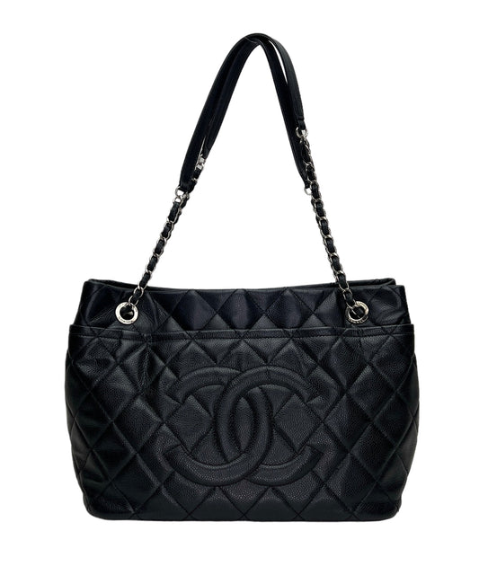 Matelasse Chain Black Tote Bag in Caviar Leather, Silver hardware