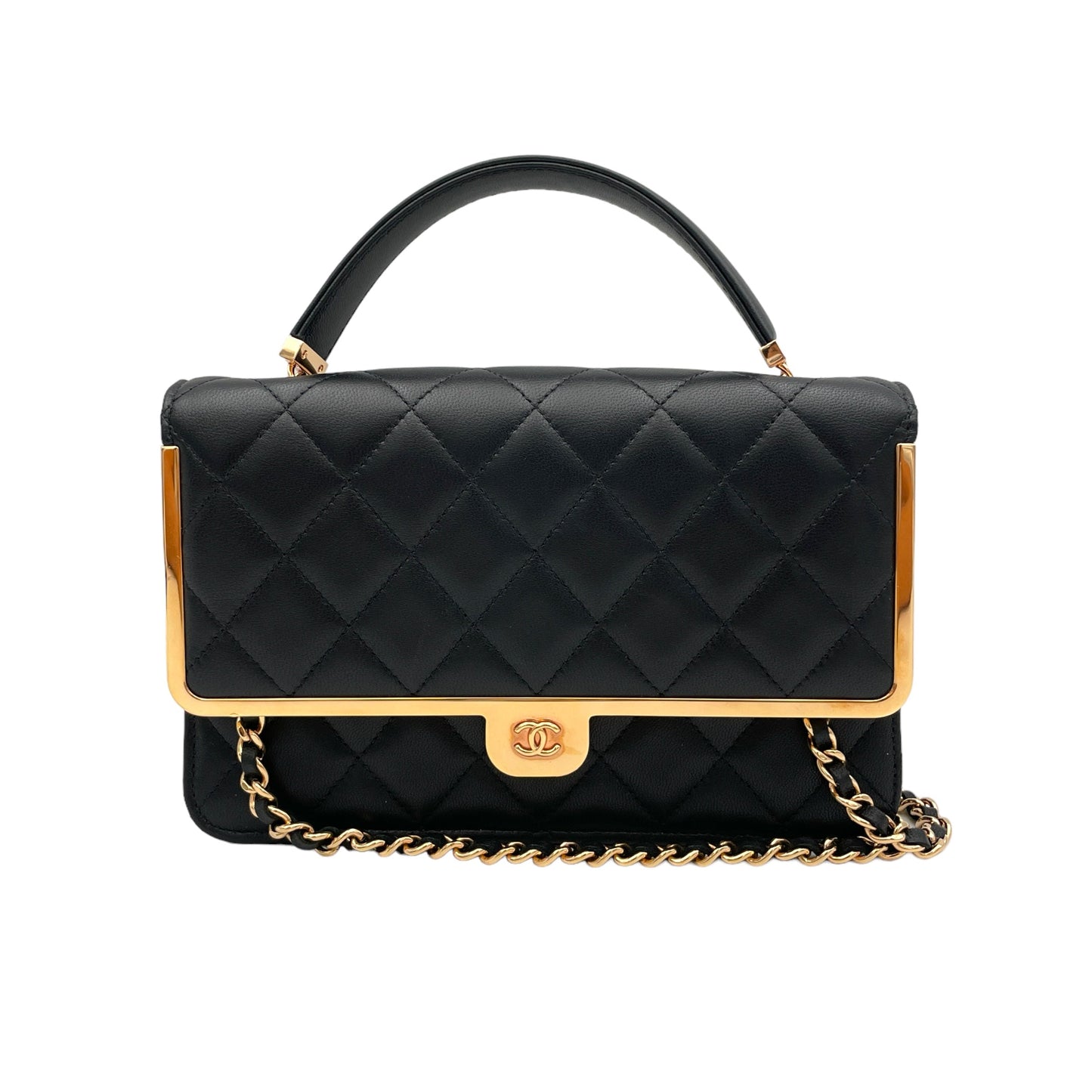 Quilted Frame Black Wallet on Chain in Lambskin, Gold hardware