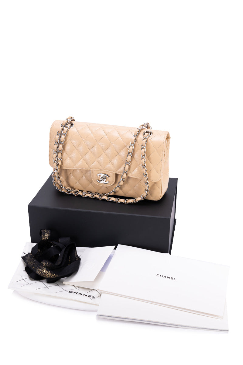 Classic Double Flap Medium Beige Shoulder Bag in Caviar Leather, Silver hardware