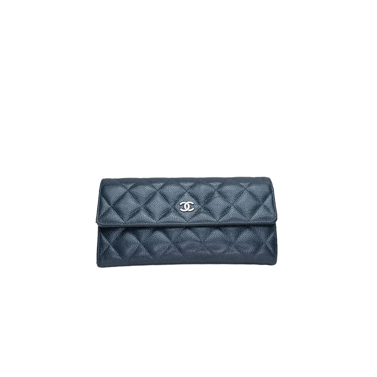 Long Flap Grey Wallet in Caviar Leather, Silver hardware