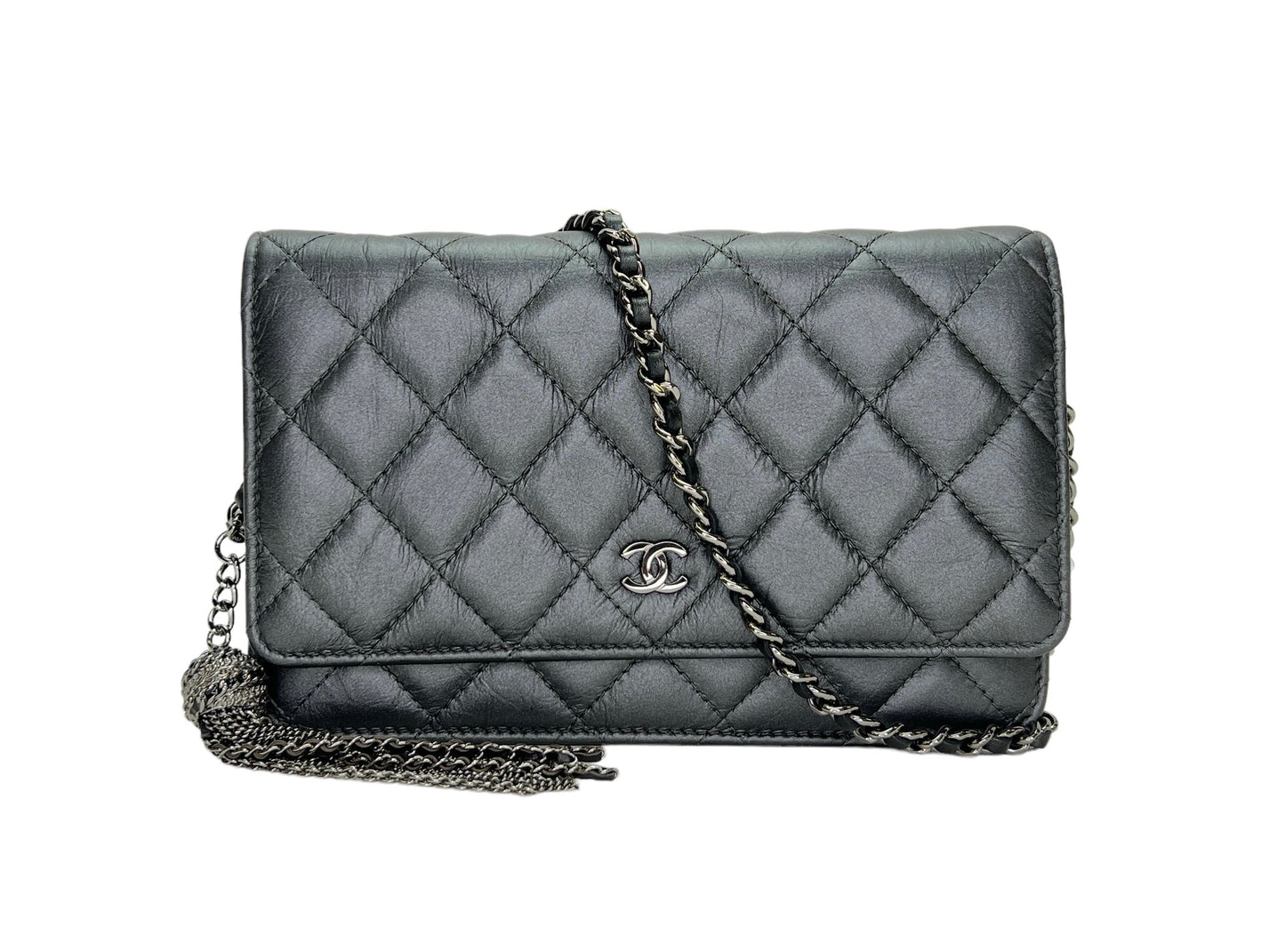 Classic Grey Wallet on Chain in Calfskin, Gunmetal hardware