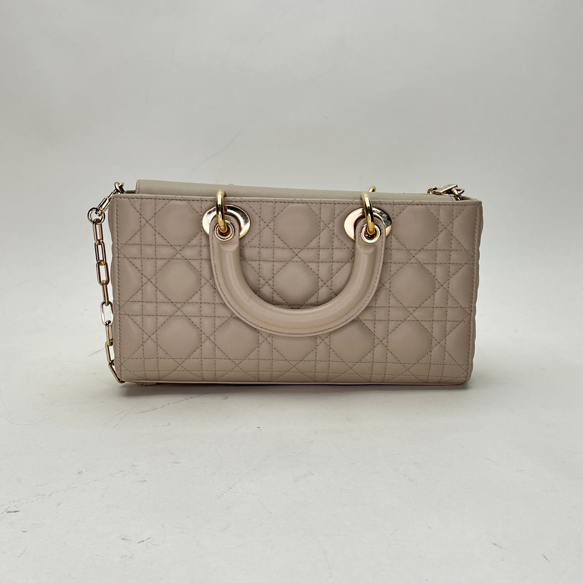 Lady d-joy Medium Beige Top Handle Bag in Lambskin, Light Gold hardware