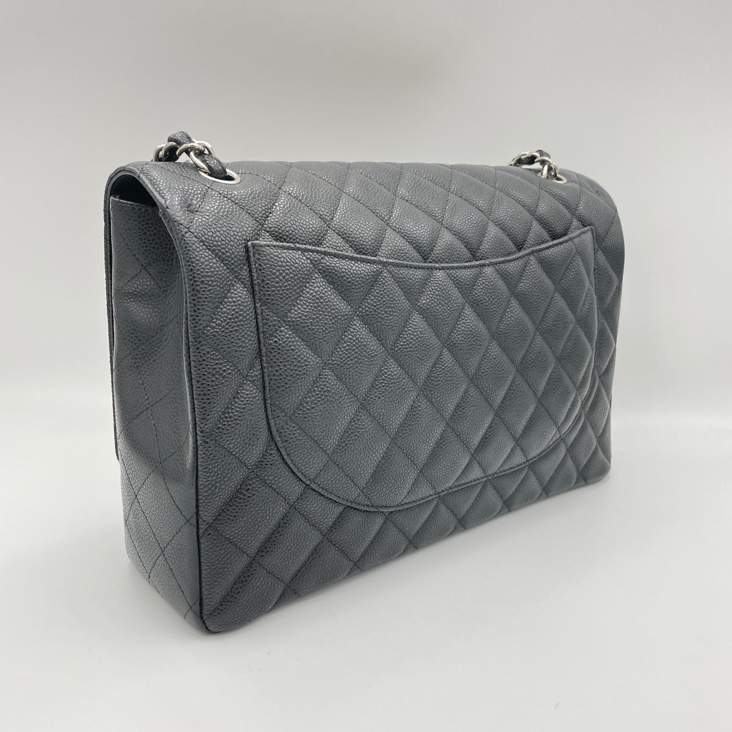 Classic Flap Maxi Black Shoulder Bag in Caviar Leather, Silver hardware