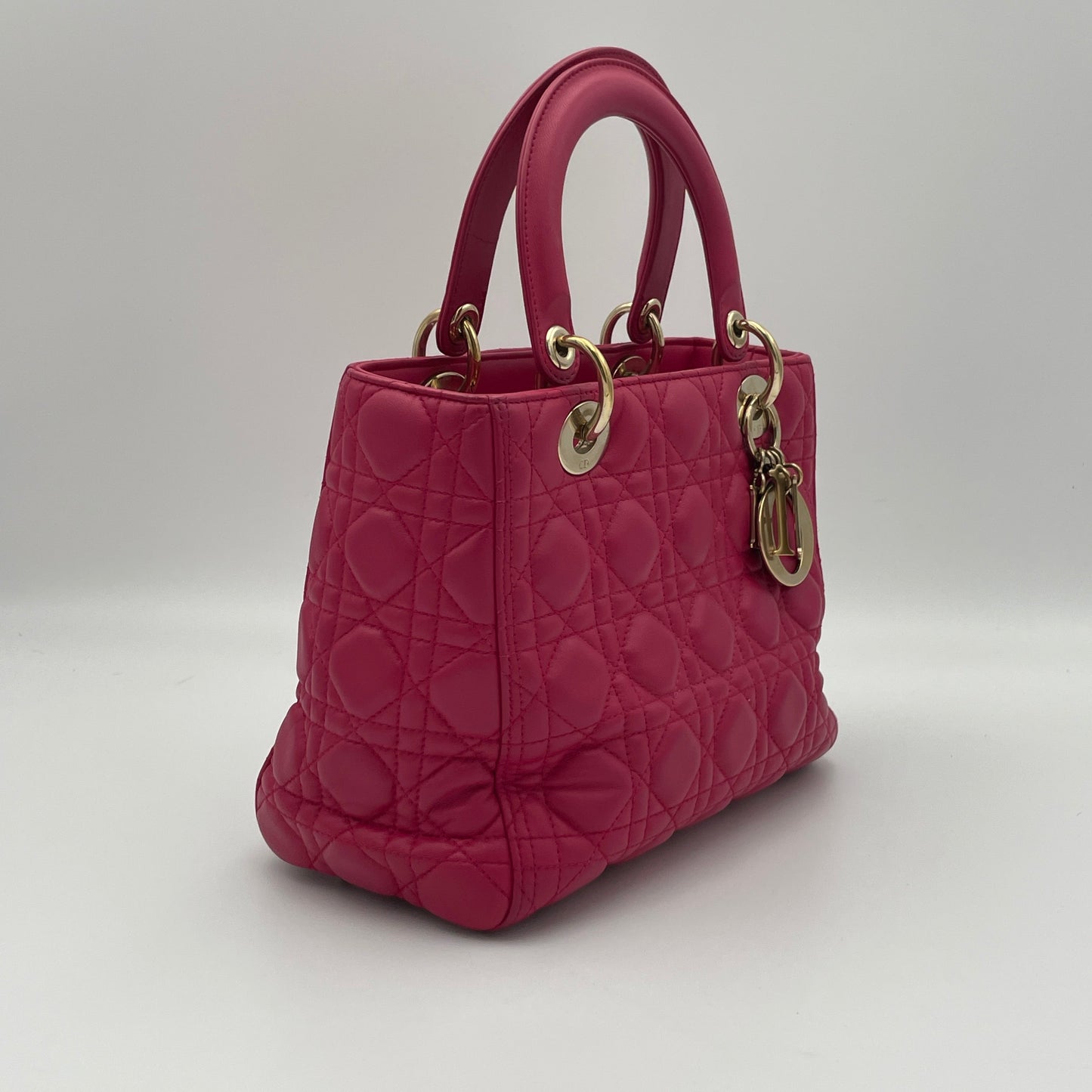 Lady Dior Medium Pink Top Handle Bag in Lambskin, Gold hardware