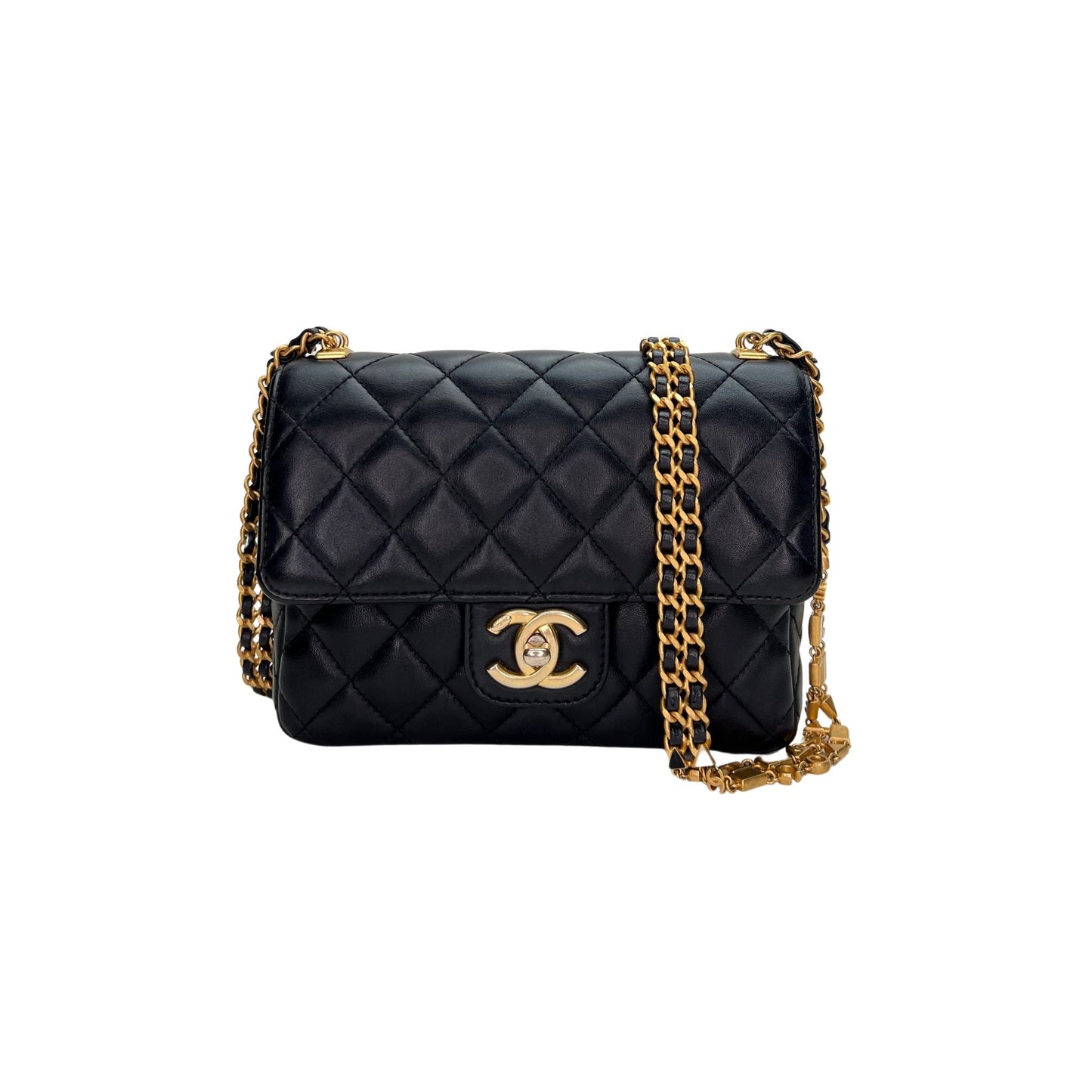 Double Chain CC Single Flap Shoulder Bag Black Crossbody Bag in Lambskin, Gold hardware