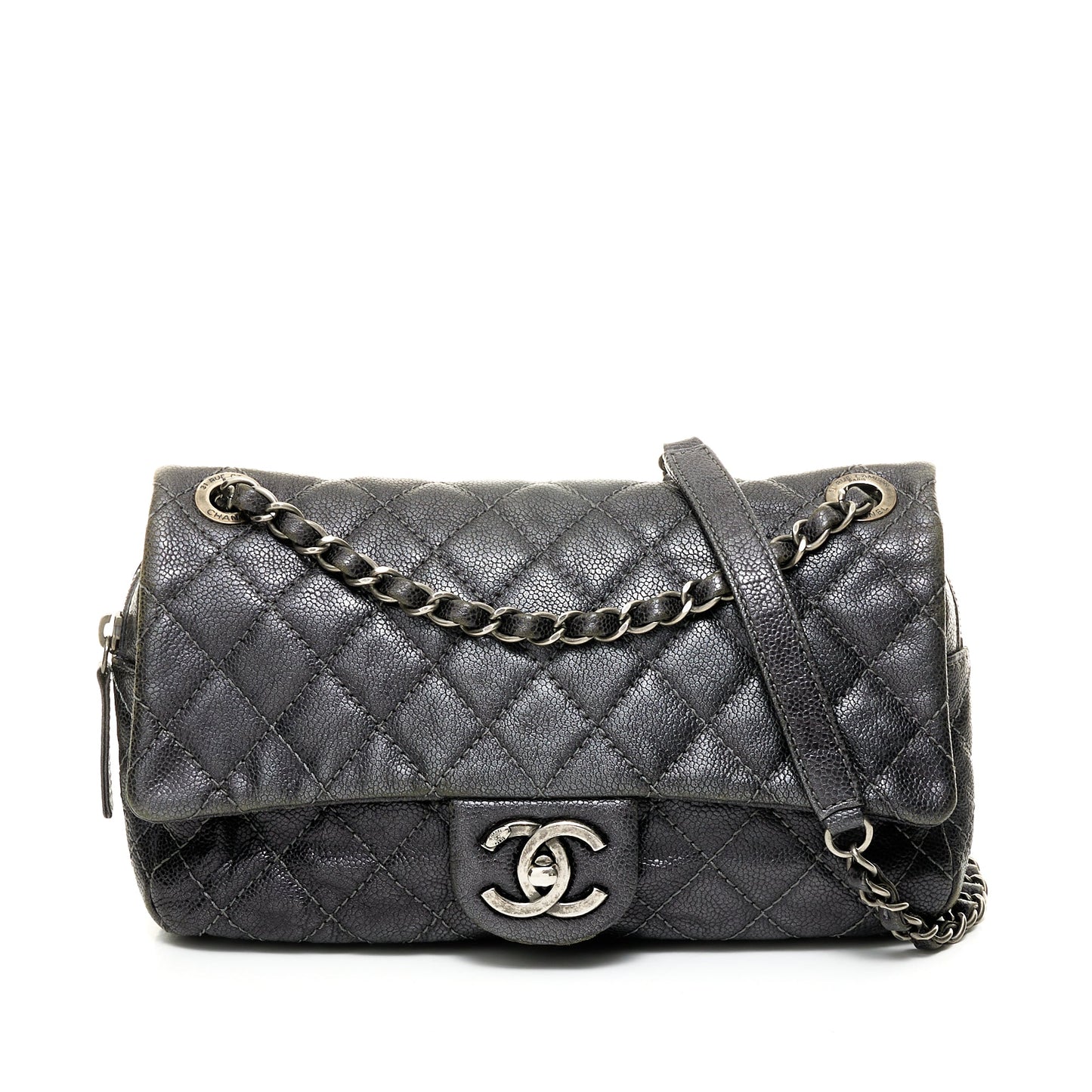 Easy Flap Black Shoulder Bag in Caviar Leather, Ruthenium hardware