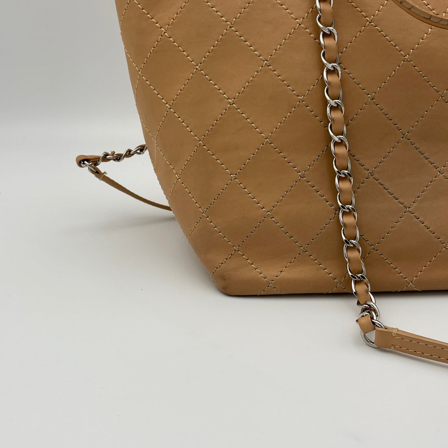 CC Quilted Shopping Tote Beige Tote Bag in Calfskin, Silver hardware