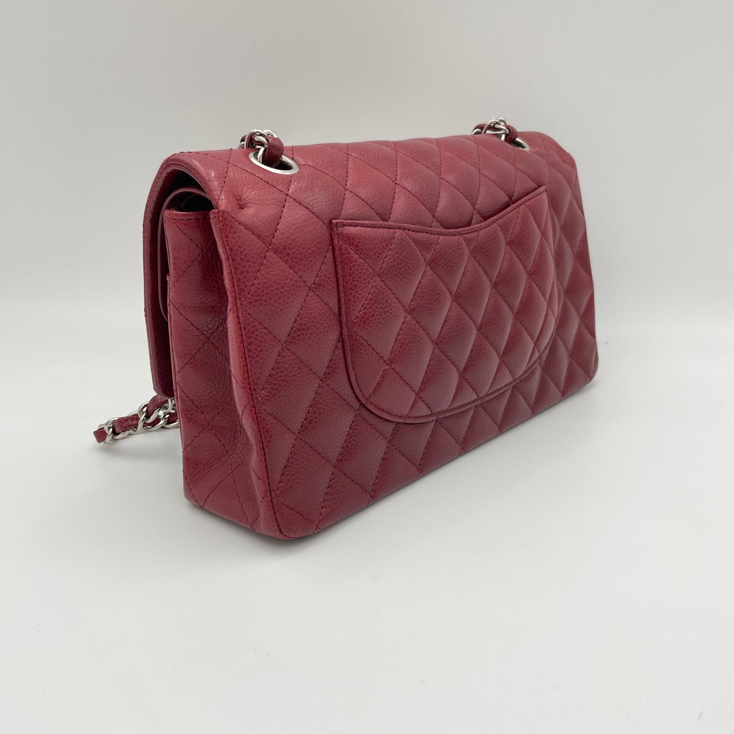 Classic Double Flap Medium Red Shoulder Bag in Caviar Leather, Silver hardware