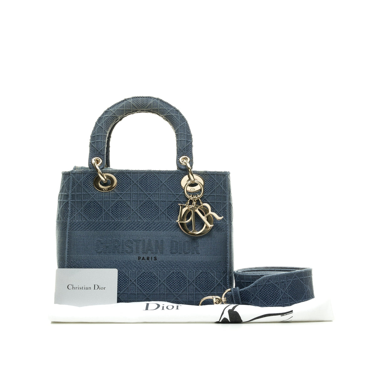 Embroidered Cannage Lady D-Lite Medium Blue Top Handle Bag in Canvas, Silver hardware