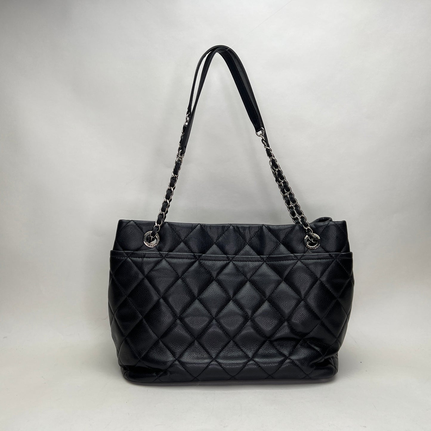 Matelasse Chain Black Tote Bag in Caviar Leather, Silver hardware
