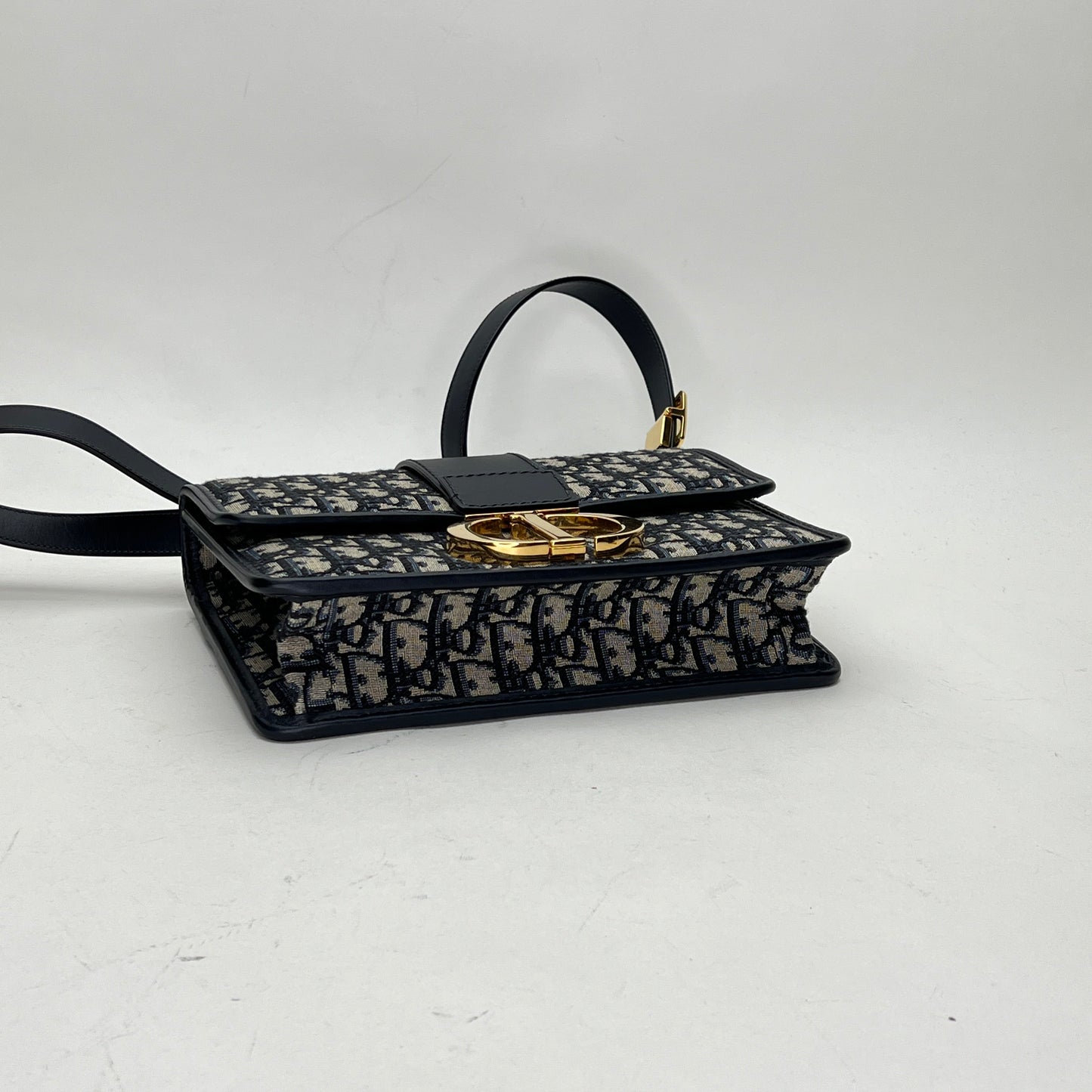 30 Montaigne Navy Shoulder Bag in Jacquard, Gold hardware