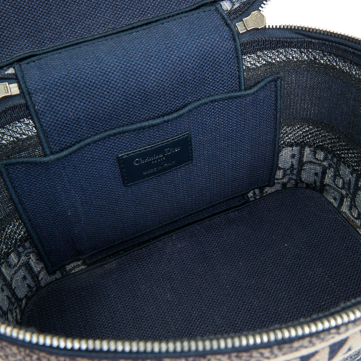 Oblique Vanity Navy Top Handle Bag in Jacquard, Silver hardware