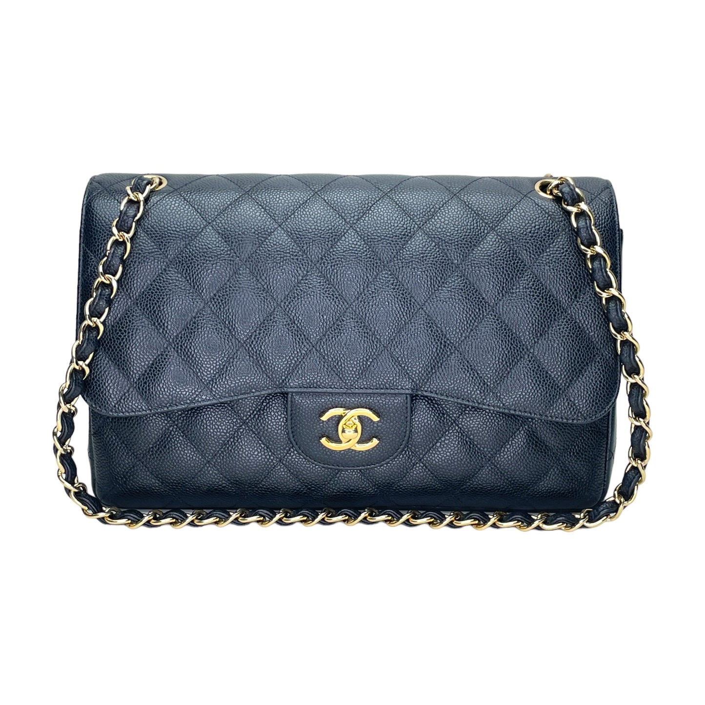 Classic Double Flap Jumbo Black Shoulder Bag in Caviar Leather, Gold hardware