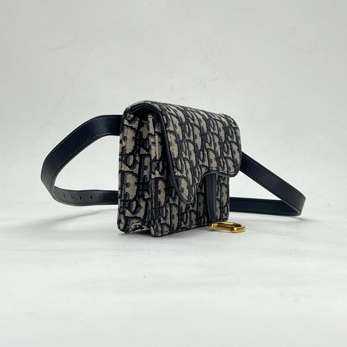 Saddle Mini Navy Belt Bag in Jacquard, Gold hardware