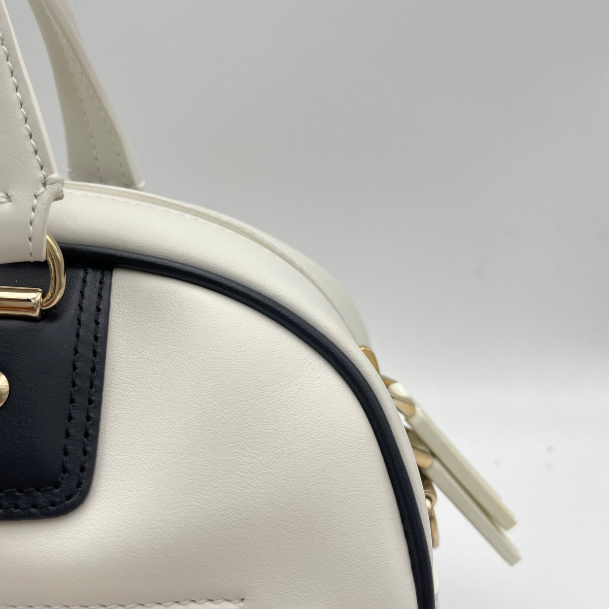 Vibe Bowling White Top Handle Bag in Calfskin, Gold hardware