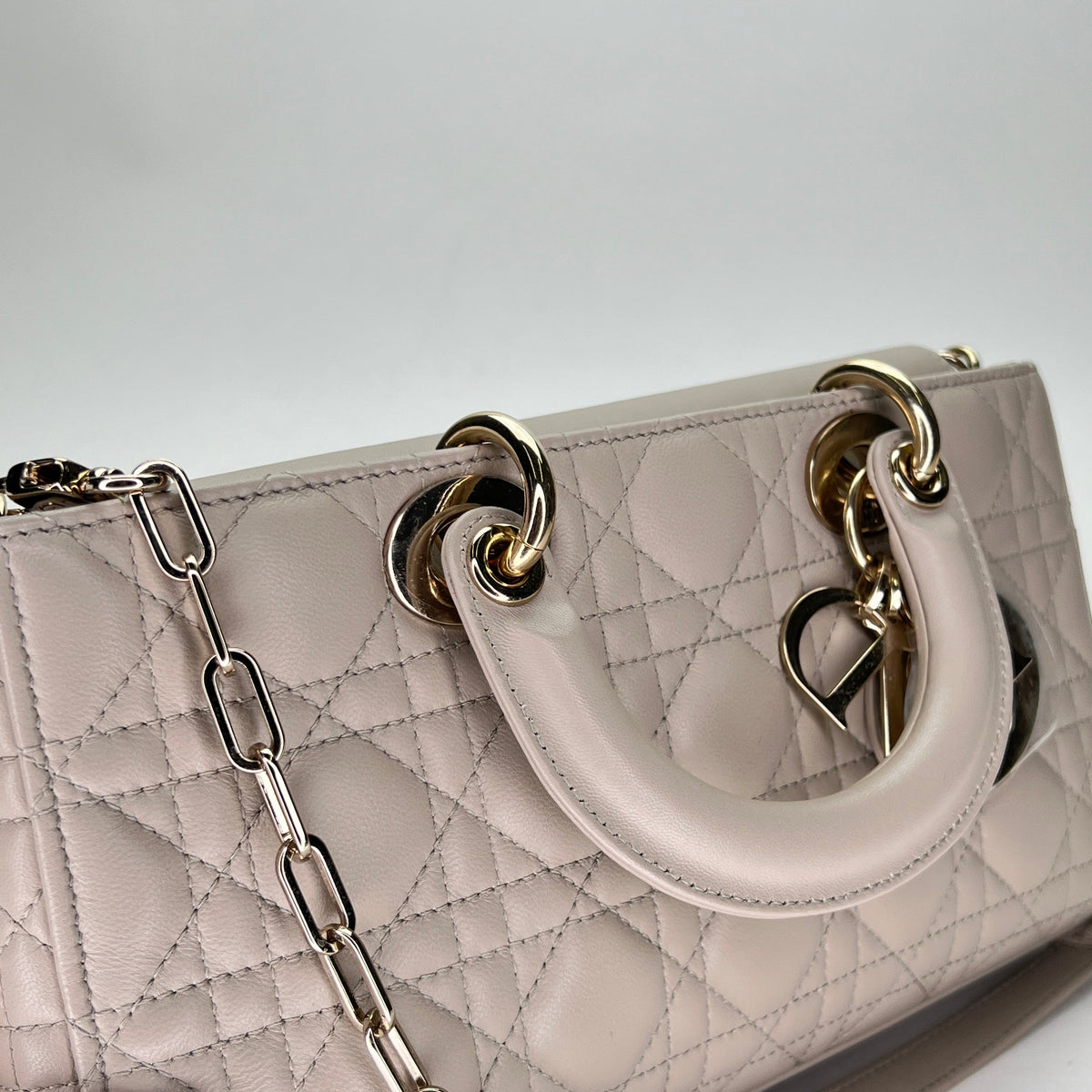 Lady d-joy Medium Beige Top Handle Bag in Lambskin, Light Gold hardware