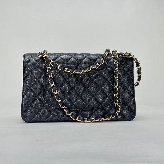 Classic Double Flap Mediun Black Shoulder Bag in Caviar Leather, Gold hardware