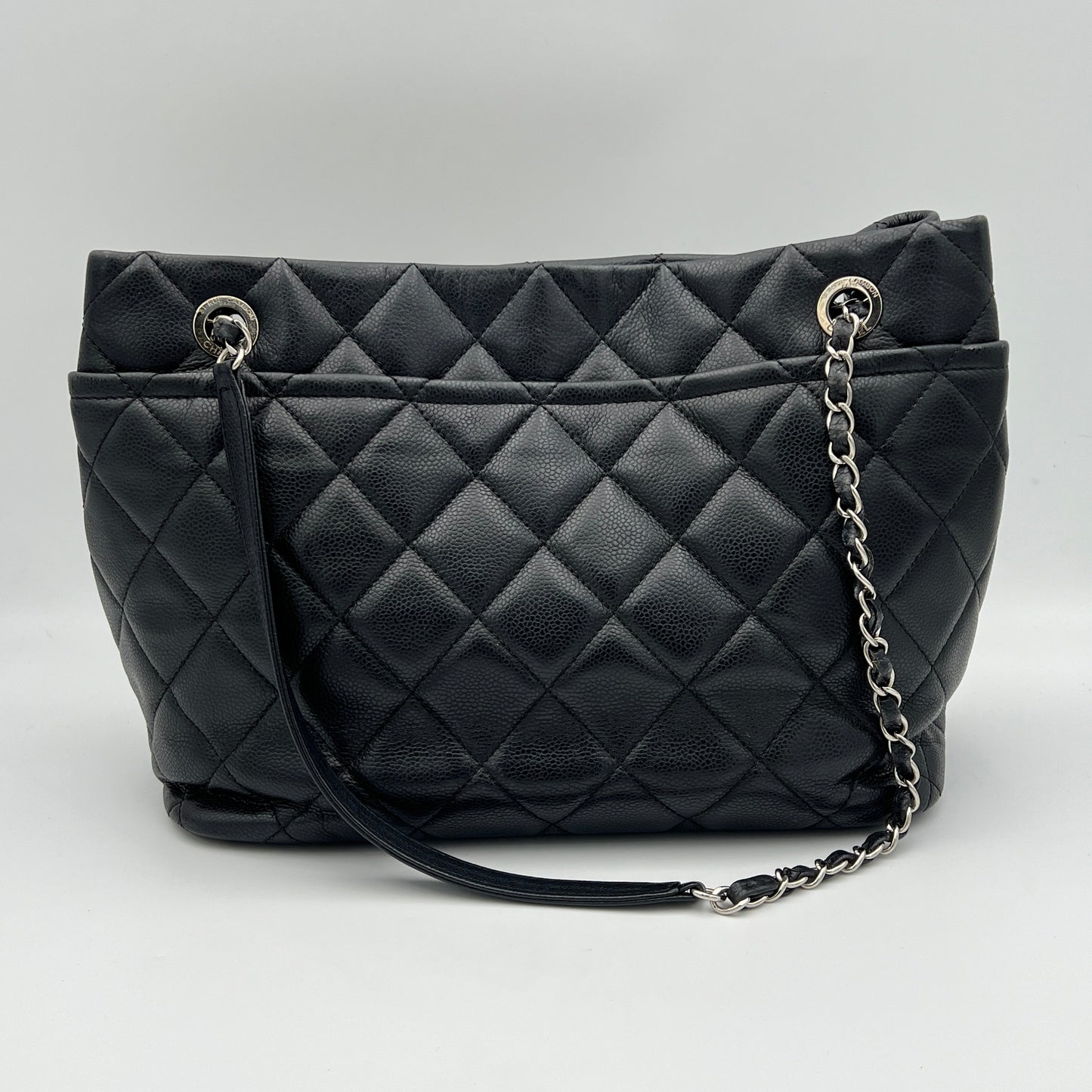 Matelasse Chain Black Tote Bag in Caviar Leather, Silver hardware