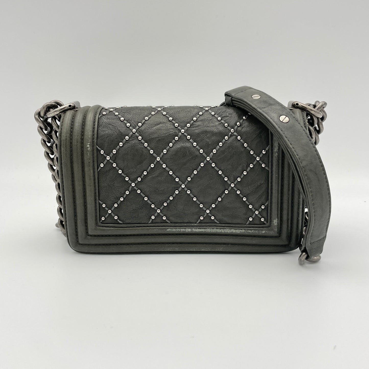 Studded Boy Small Grey Crossbody Bag in Calfskin, Ruthenium hardware