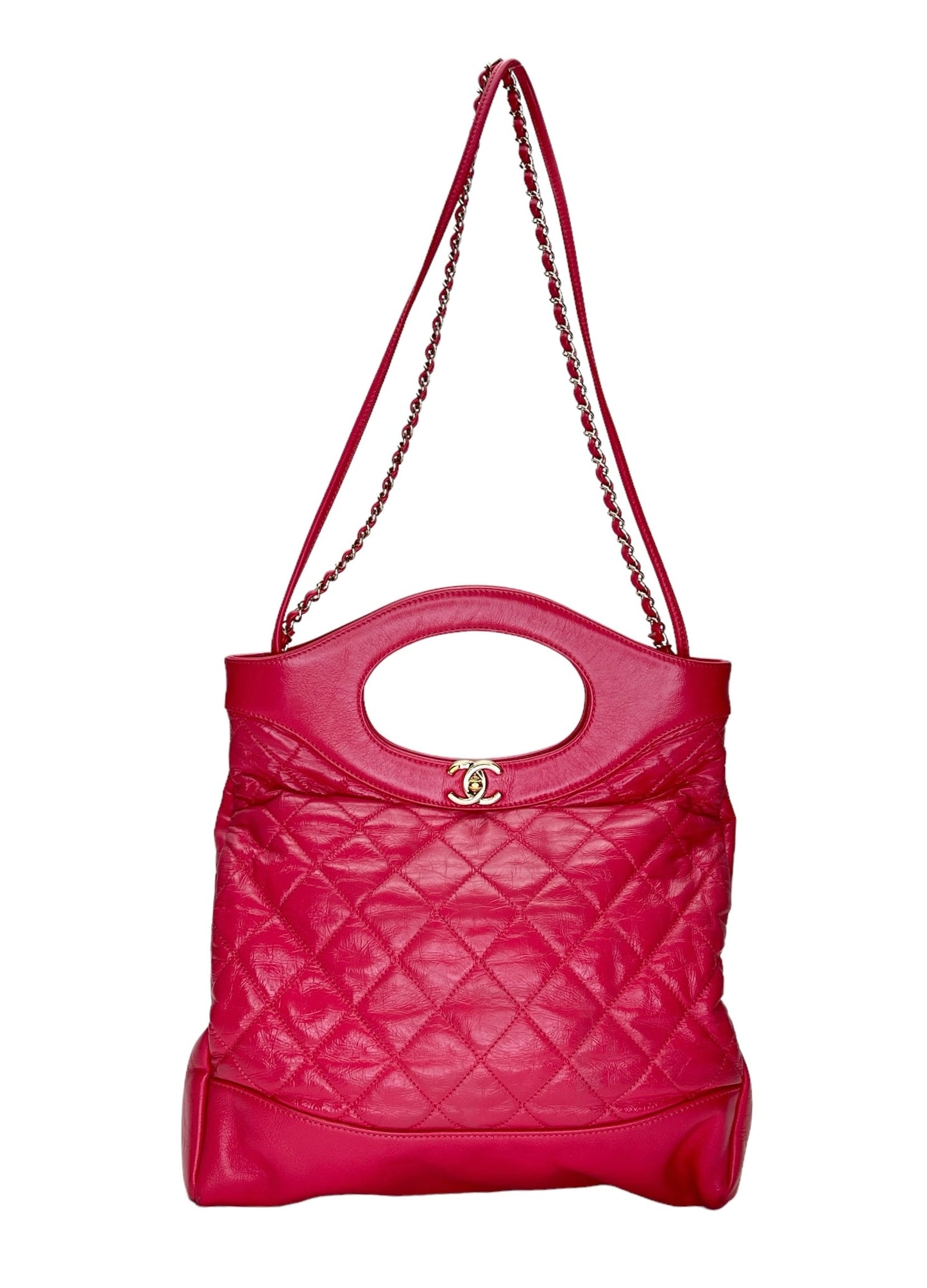 31 Shopping Medium Pink Tote Bag in Calfskin, Gold hardware