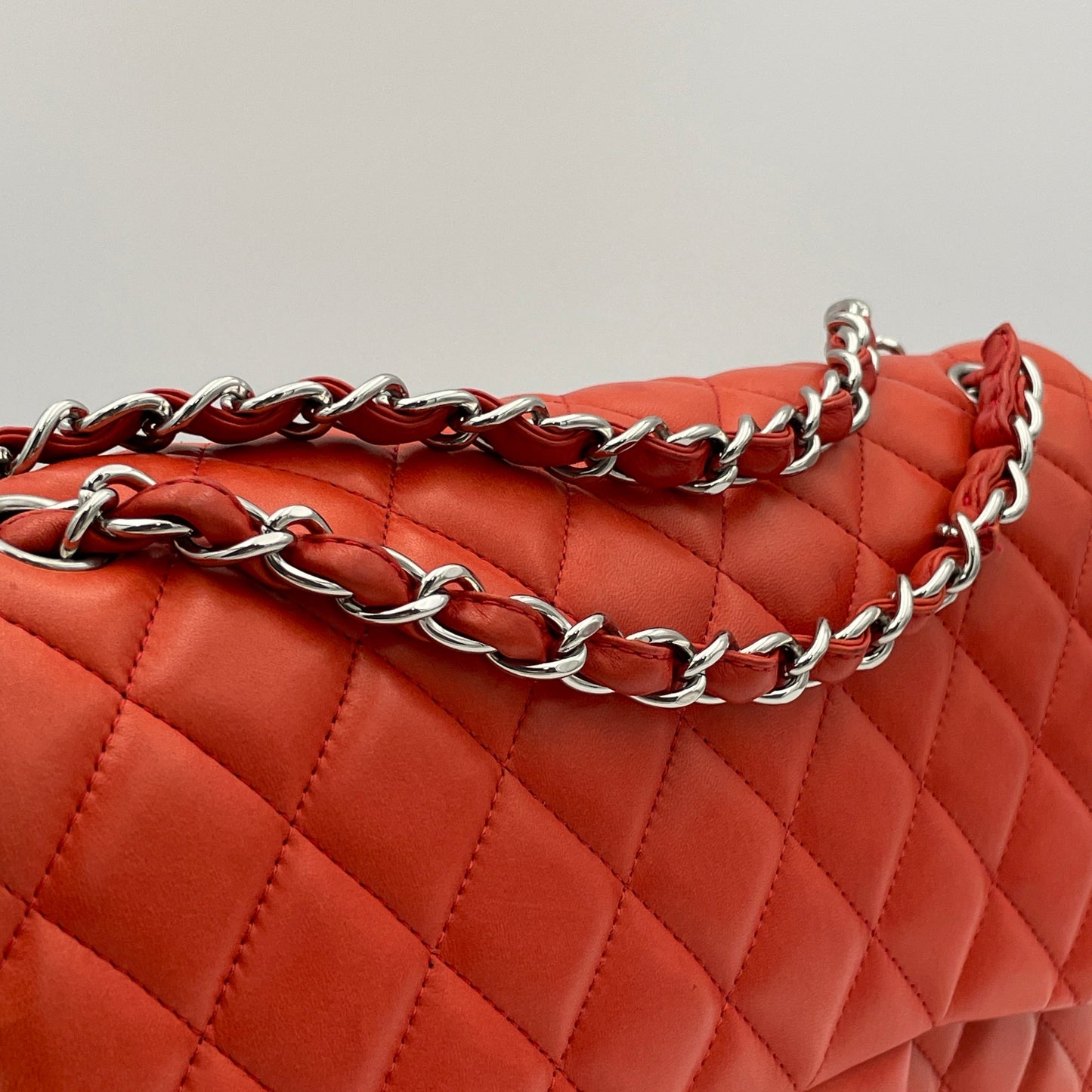 Classic Double Flap Jumbo Red Shoulder Bag in Lambskin, Silver hardware