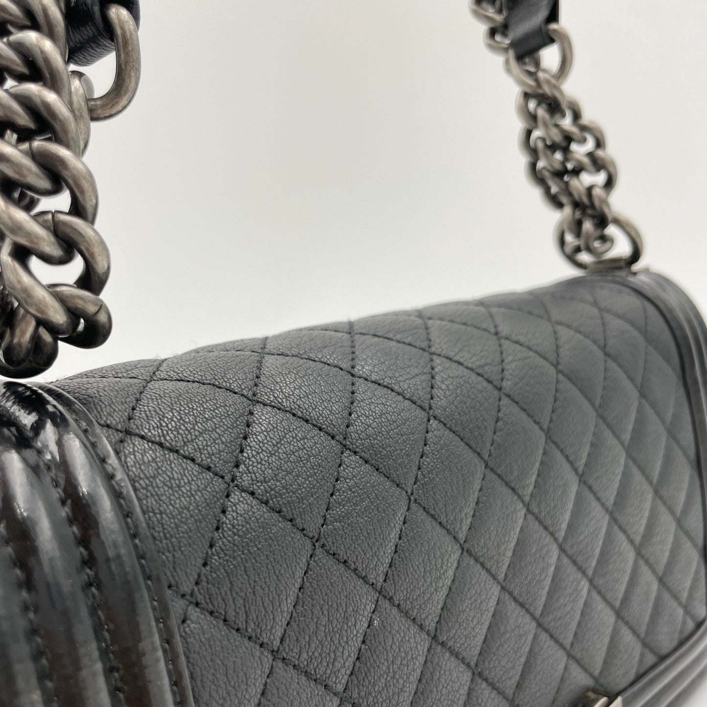 Boy Old Medium Black Shoulder Bag in Goat Leather, Ruthenium hardware