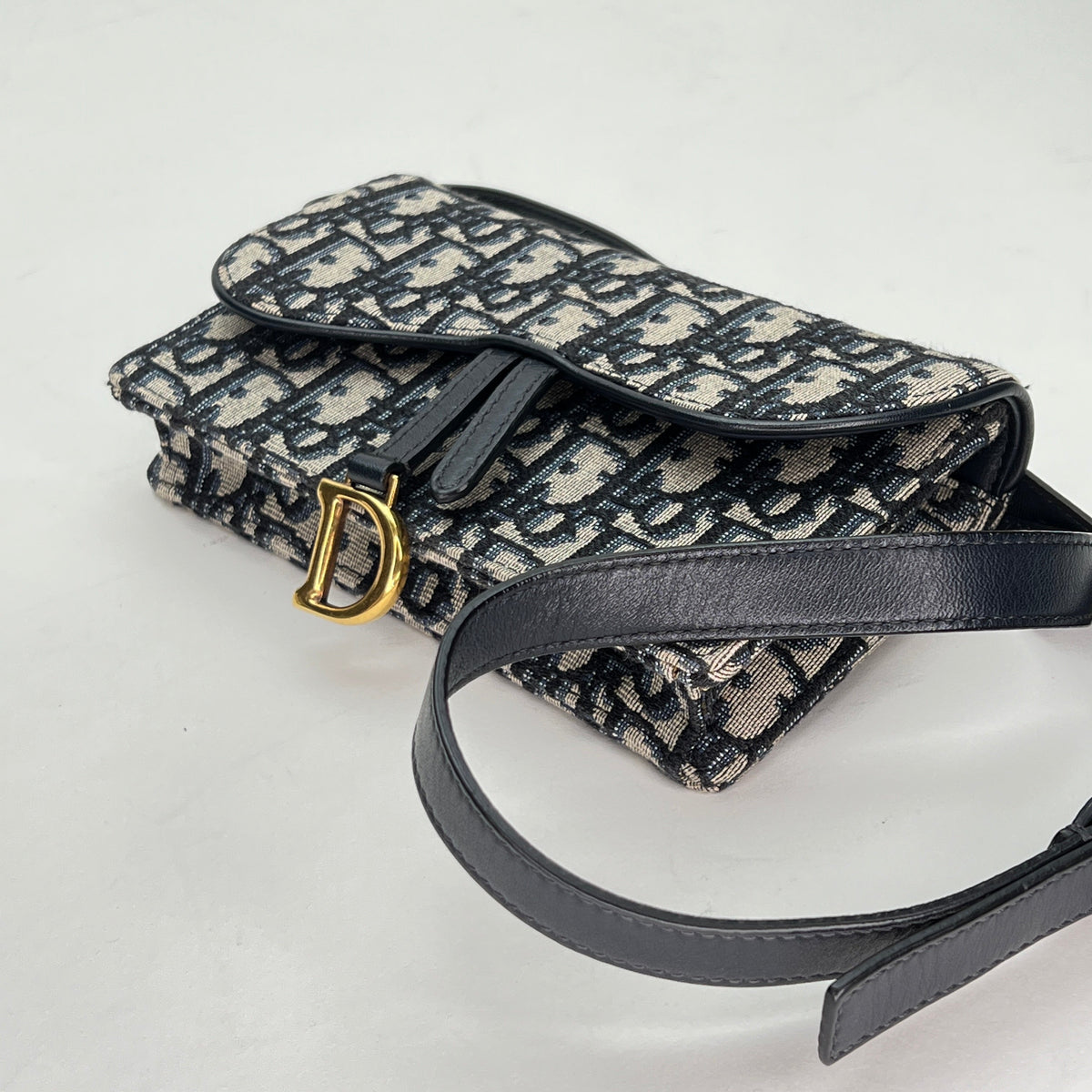 Saddle Mini Navy Belt Bag in Jacquard, Gold hardware