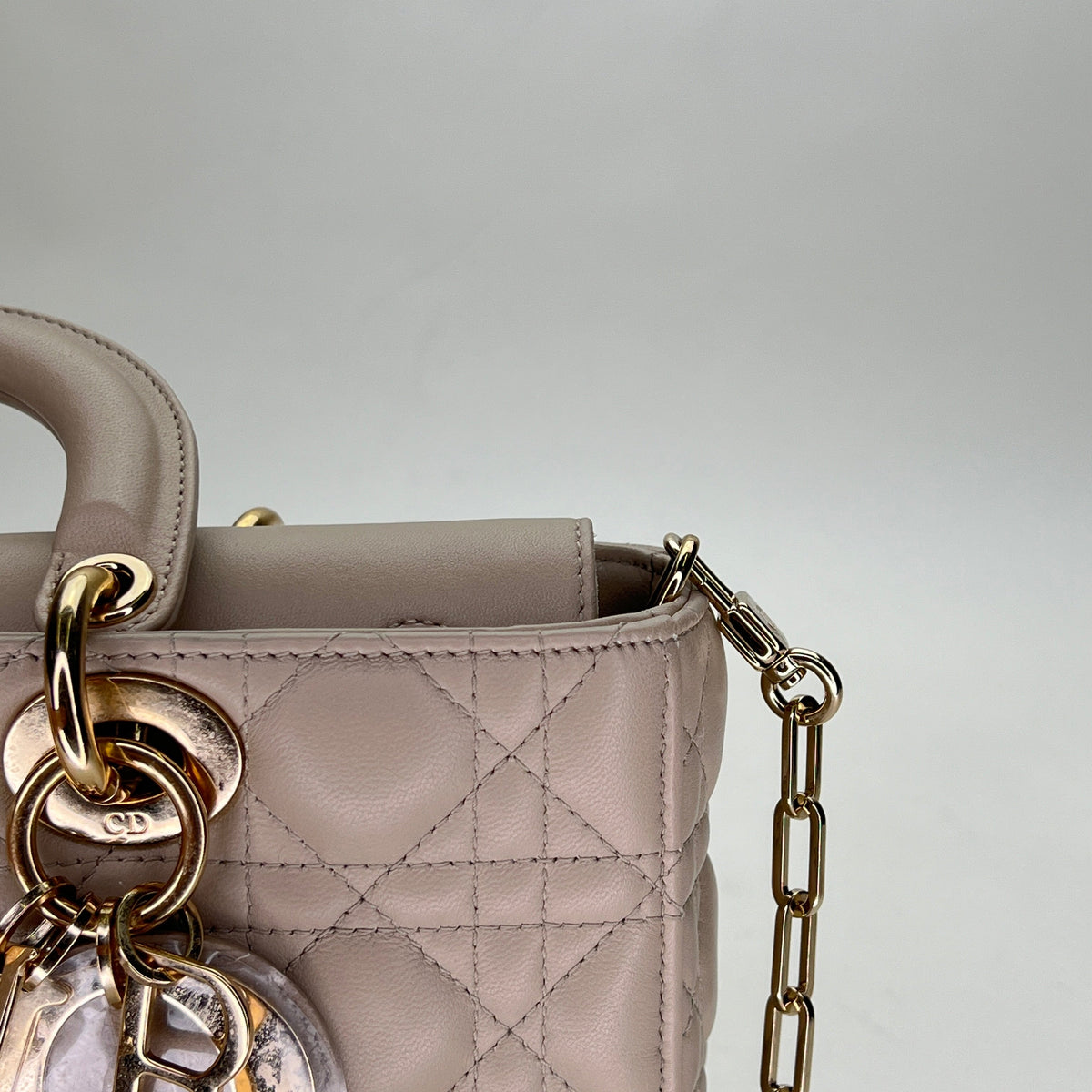 Lady d-joy Medium Beige Top Handle Bag in Lambskin, Light Gold hardware