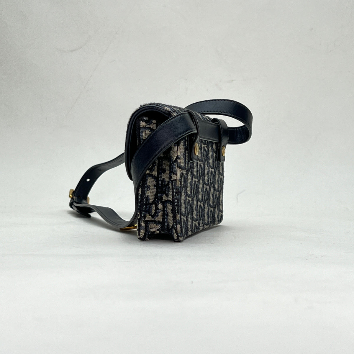 Saddle Mini Navy Belt Bag in Jacquard, Gold hardware