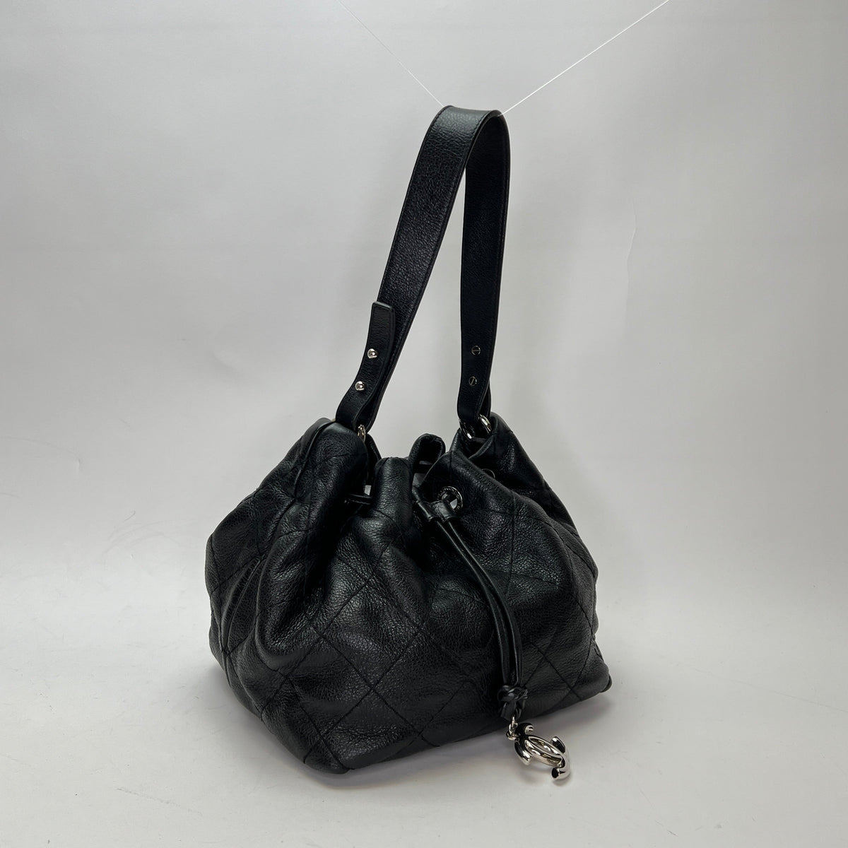 Quilted Drawstring Black Bucket Bag in Calfskin, Silver hardware