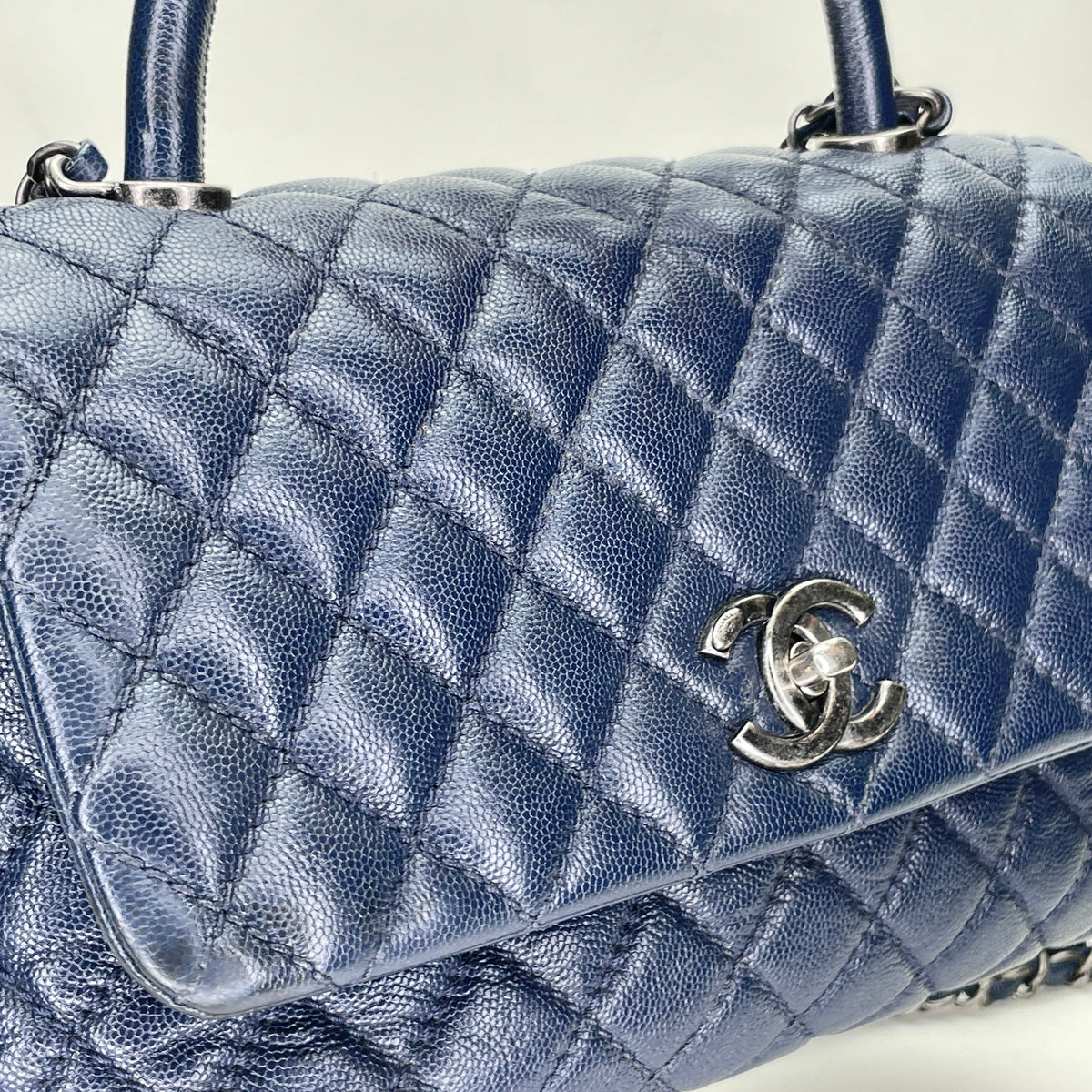 Coco Navy Top Handle Bag in Caviar Leather, Ruthenium hardware