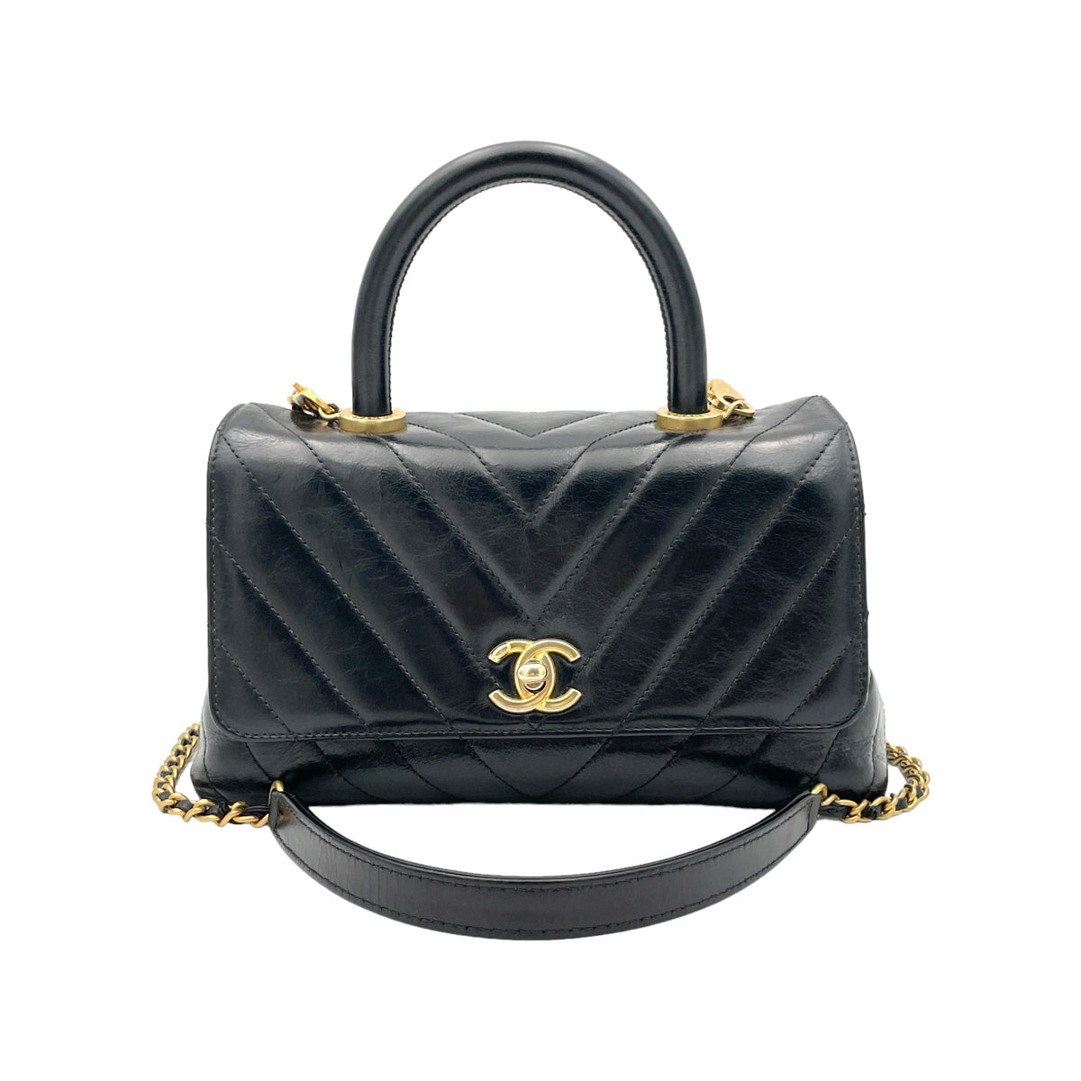 Coco Flap Black Top Handle Bag in Calfskin, Gold hardware