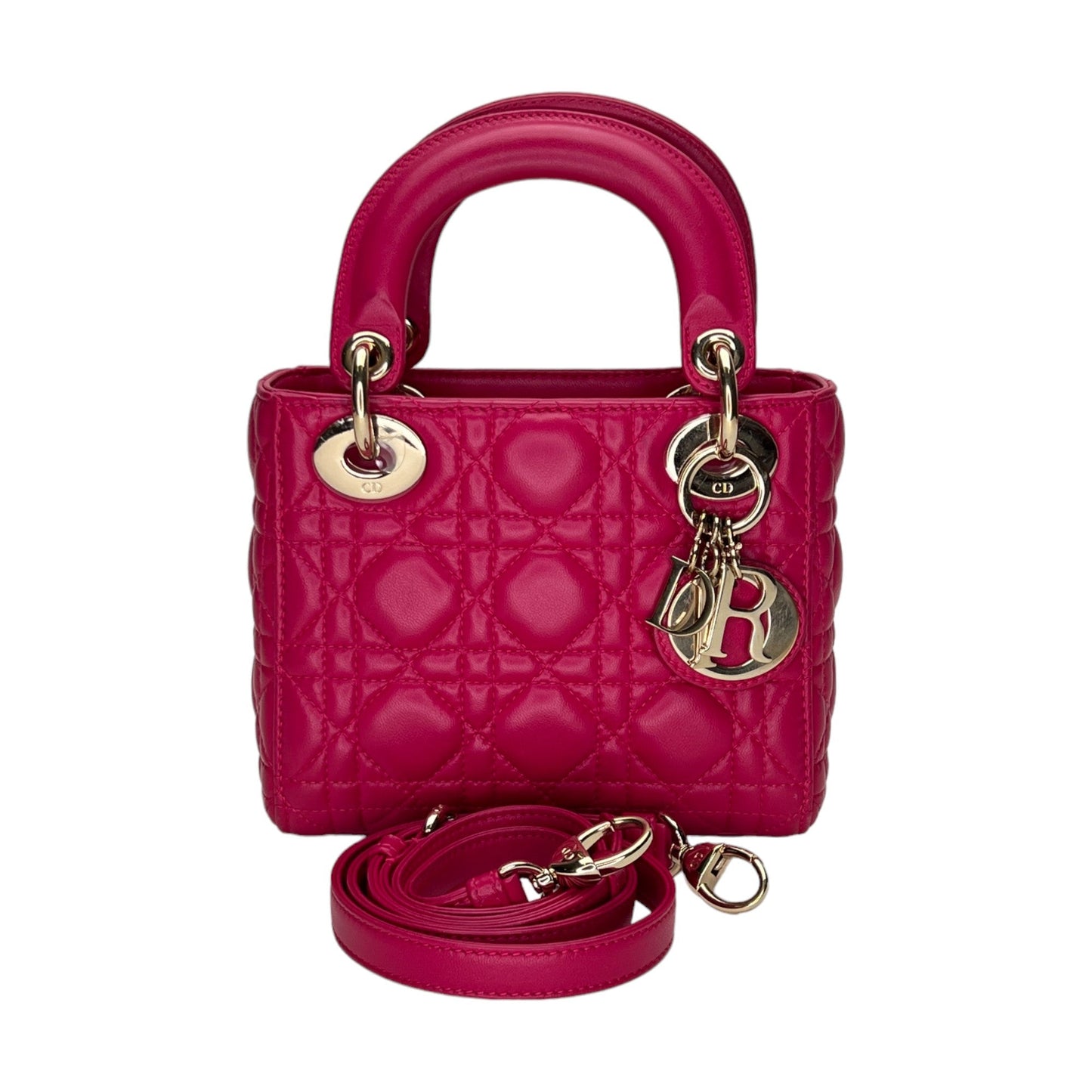 Lady Dior Mini Pink Top Handle Bag in Lambskin, Light Gold hardware