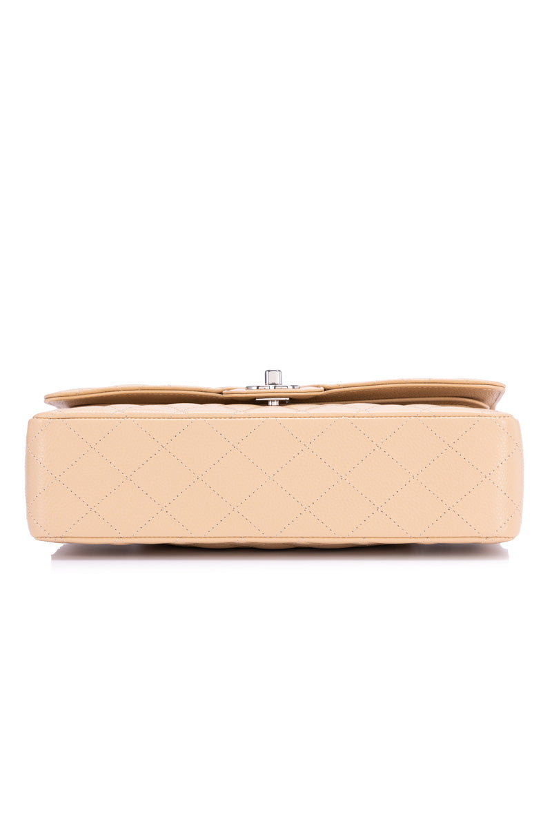 Classic Double Flap Medium Beige Shoulder Bag in Caviar Leather, Silver hardware