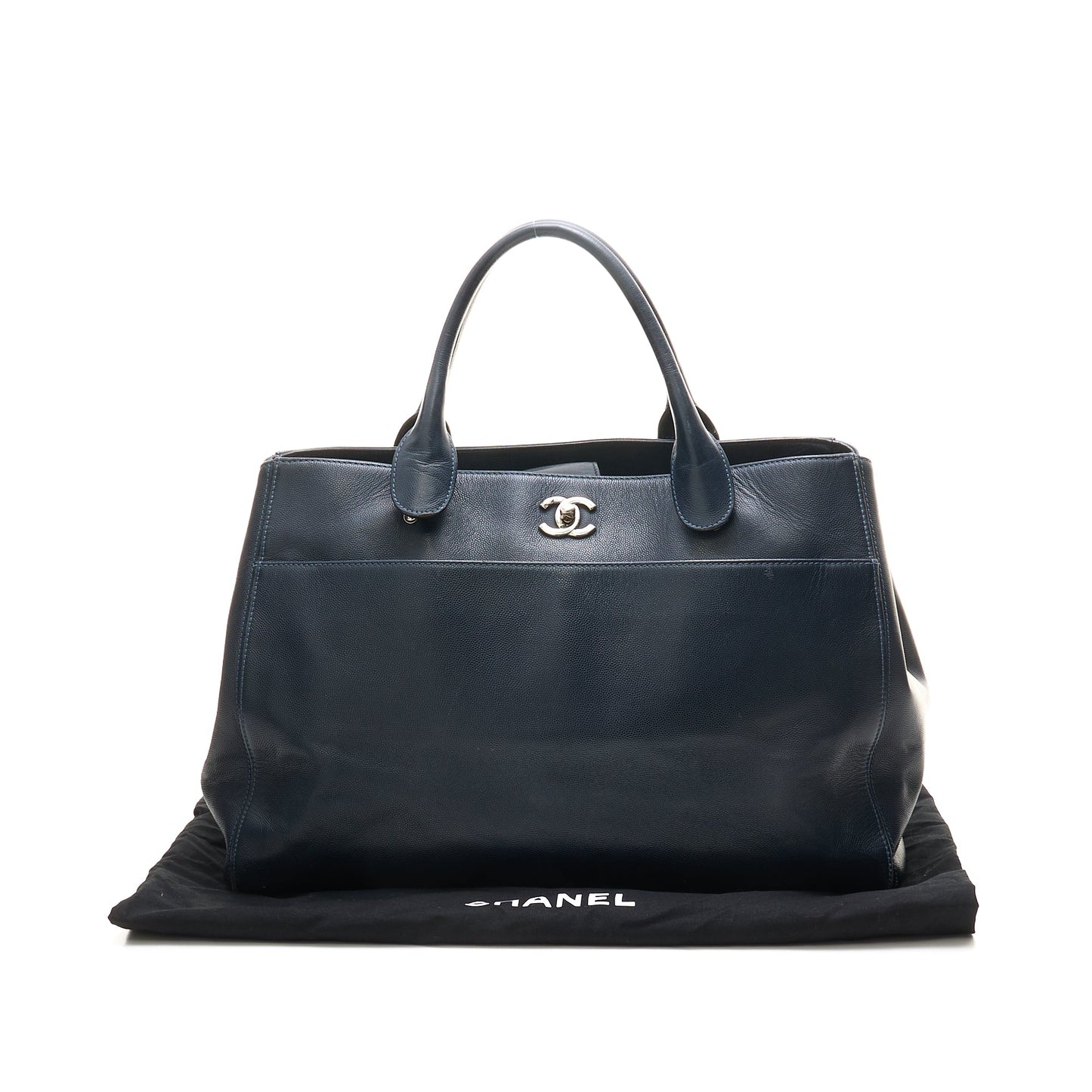 Cerf Executive Large Navy Tote Bag in Caviar Leather, Silver hardware
