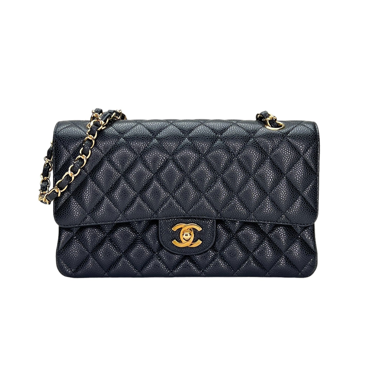 Classic Double Flap Mediun Black Shoulder Bag in Caviar Leather, Gold hardware