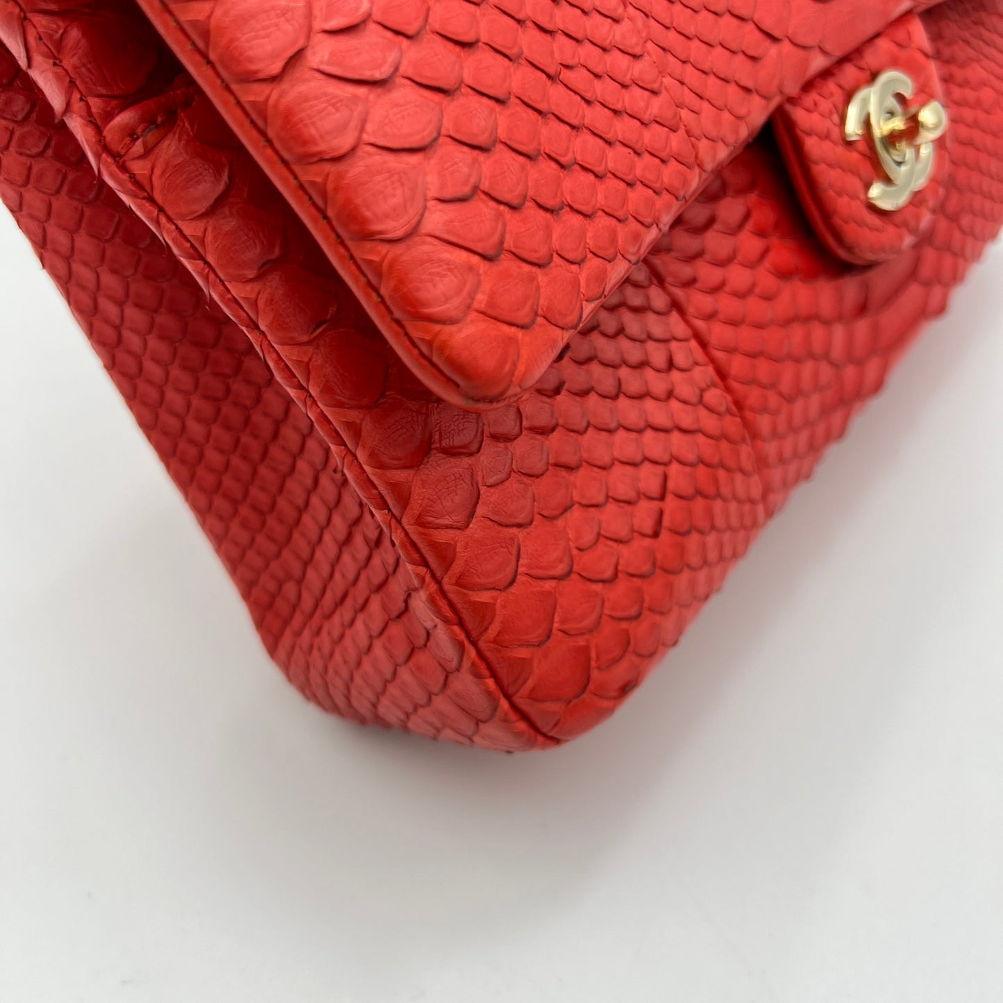 Classic Double Flap Medium Red Shoulder Bag in Python Leather, Gold hardware