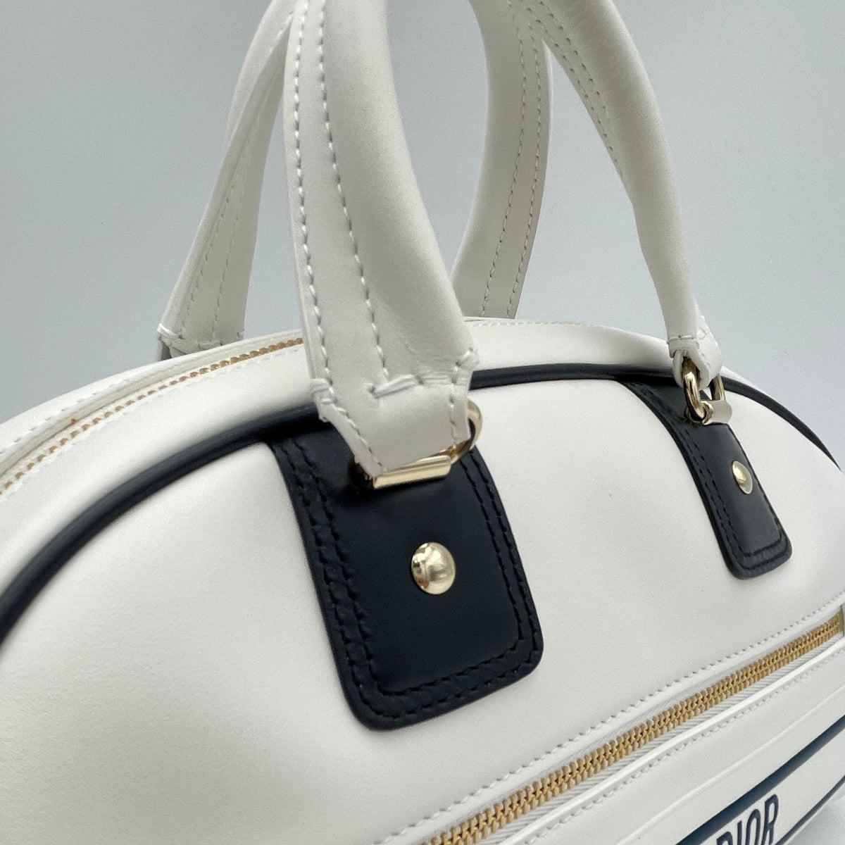 Vibe Bowling White Top Handle Bag in Calfskin, Gold hardware