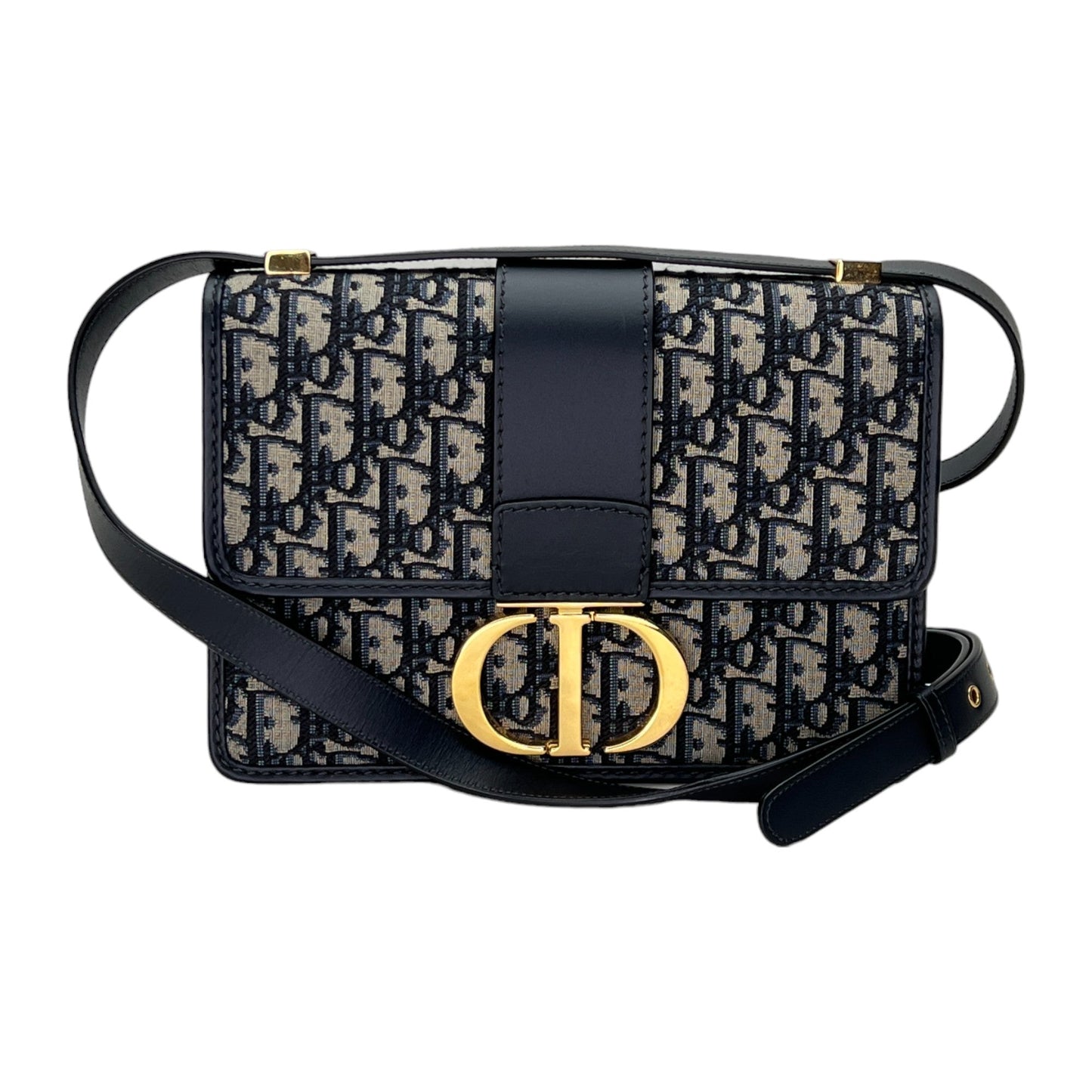 30 Montaigne Navy Shoulder Bag in Jacquard, Gold hardware