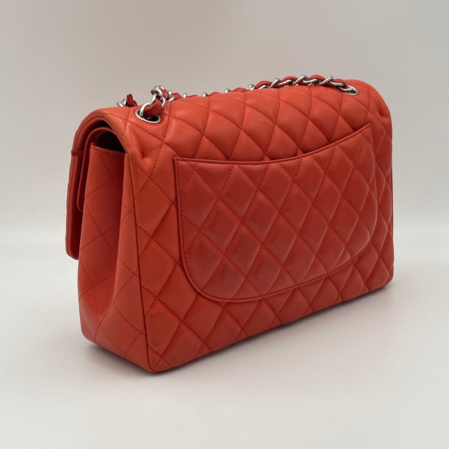 Classic Double Flap Jumbo Red Shoulder Bag in Lambskin, Silver hardware
