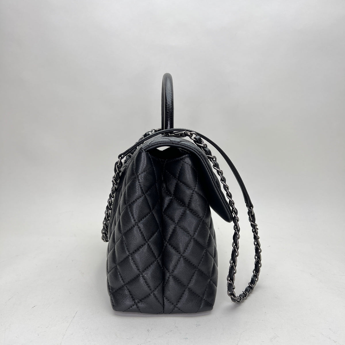 Coco Medium Black Top Handle Bag in Caviar Leather, Ruthenium hardware