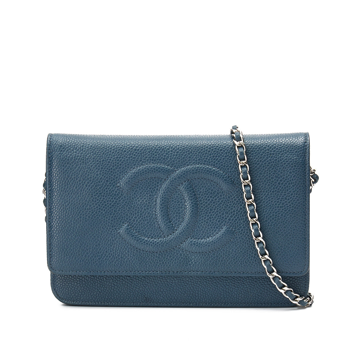 Timeless CC Blue Wallet on Chain in Caviar Leather, Silver hardware