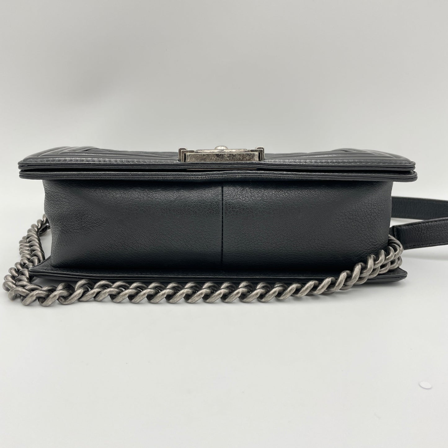 Boy Old Medium Black Shoulder Bag in Goat Leather, Ruthenium hardware
