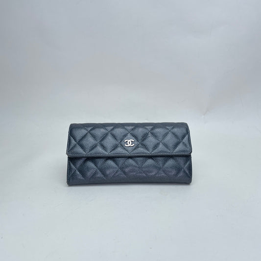 Long Flap Grey Wallet in Caviar Leather, Silver hardware